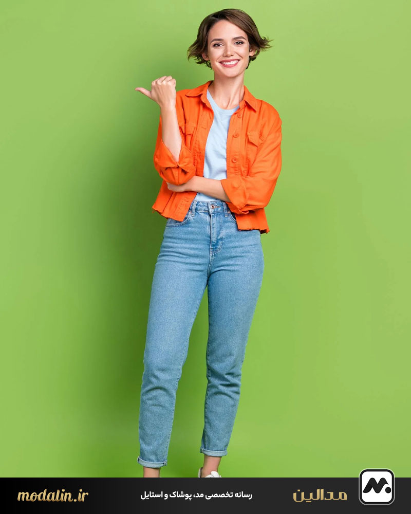 استایل لباس آبی با رنگ نارنجی