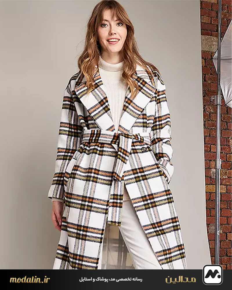 پالتو چهارخانه شیک با کمربند