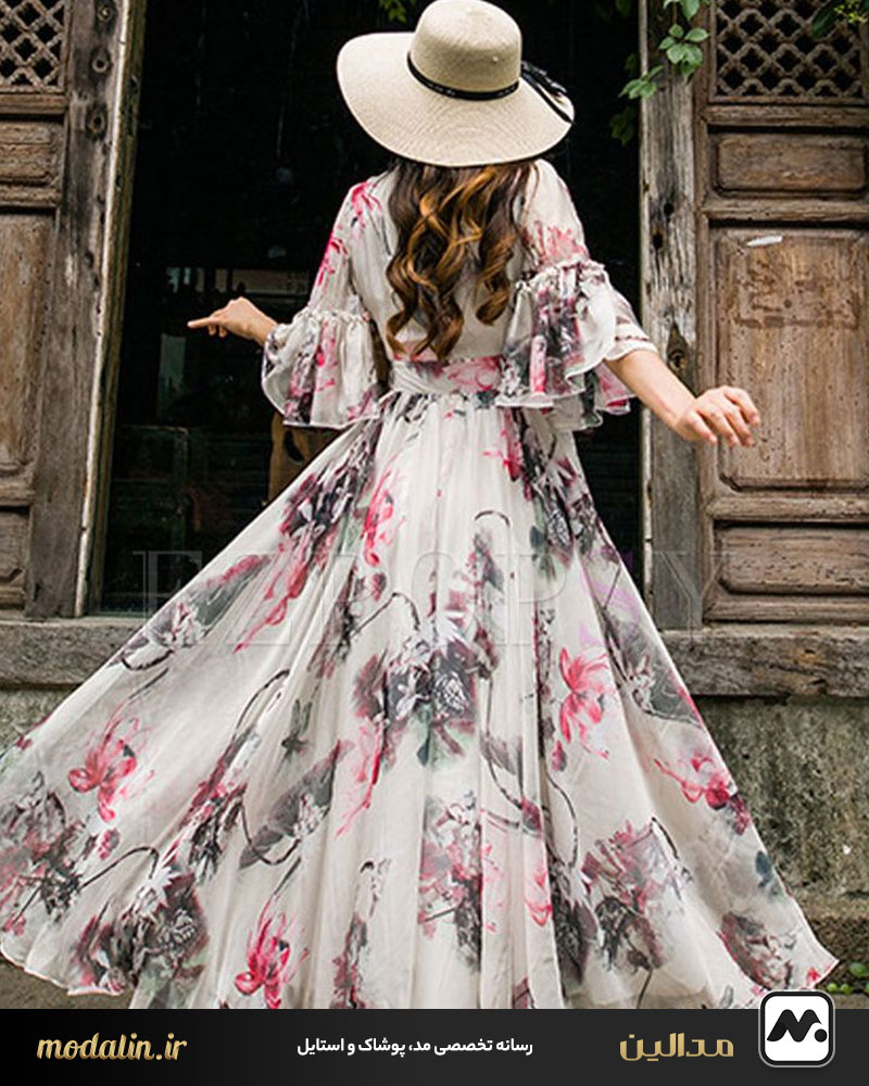 مدل پیراهن نخی گلدار بلند بر اساس نوع دامن