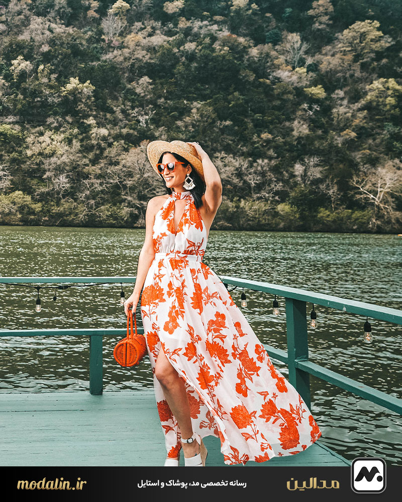 پیراهن نخی گلدار چاکدار و راسته