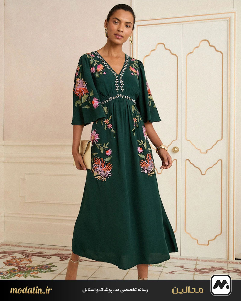 مدل پیراهن نخی گلدار بلند بر اساس یقه