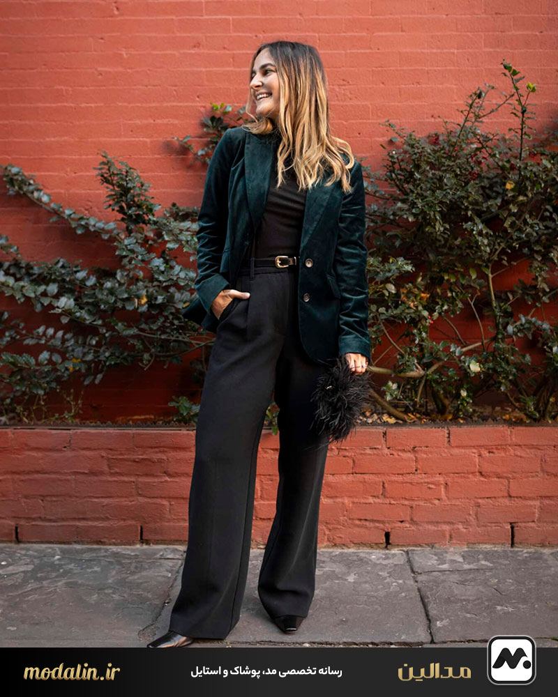 کت مخمل با شلوار پارچهای دمپاگشاد