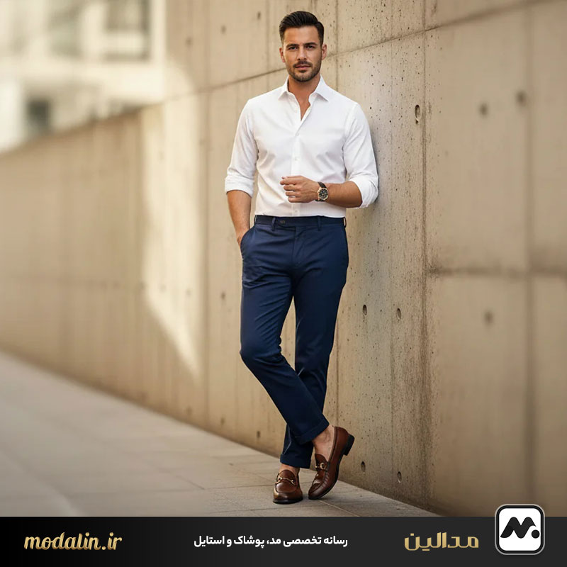 استایل رسمی و نیمه‌رسمی با شلوار کتان آبی